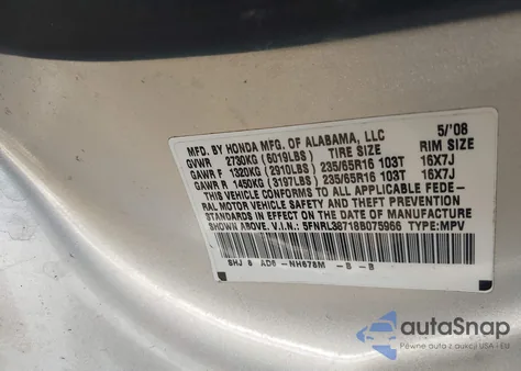 2008 Honda Odyssey Ex-L z USA, uszkodzony, nr VIN 5FNRL38718B075966